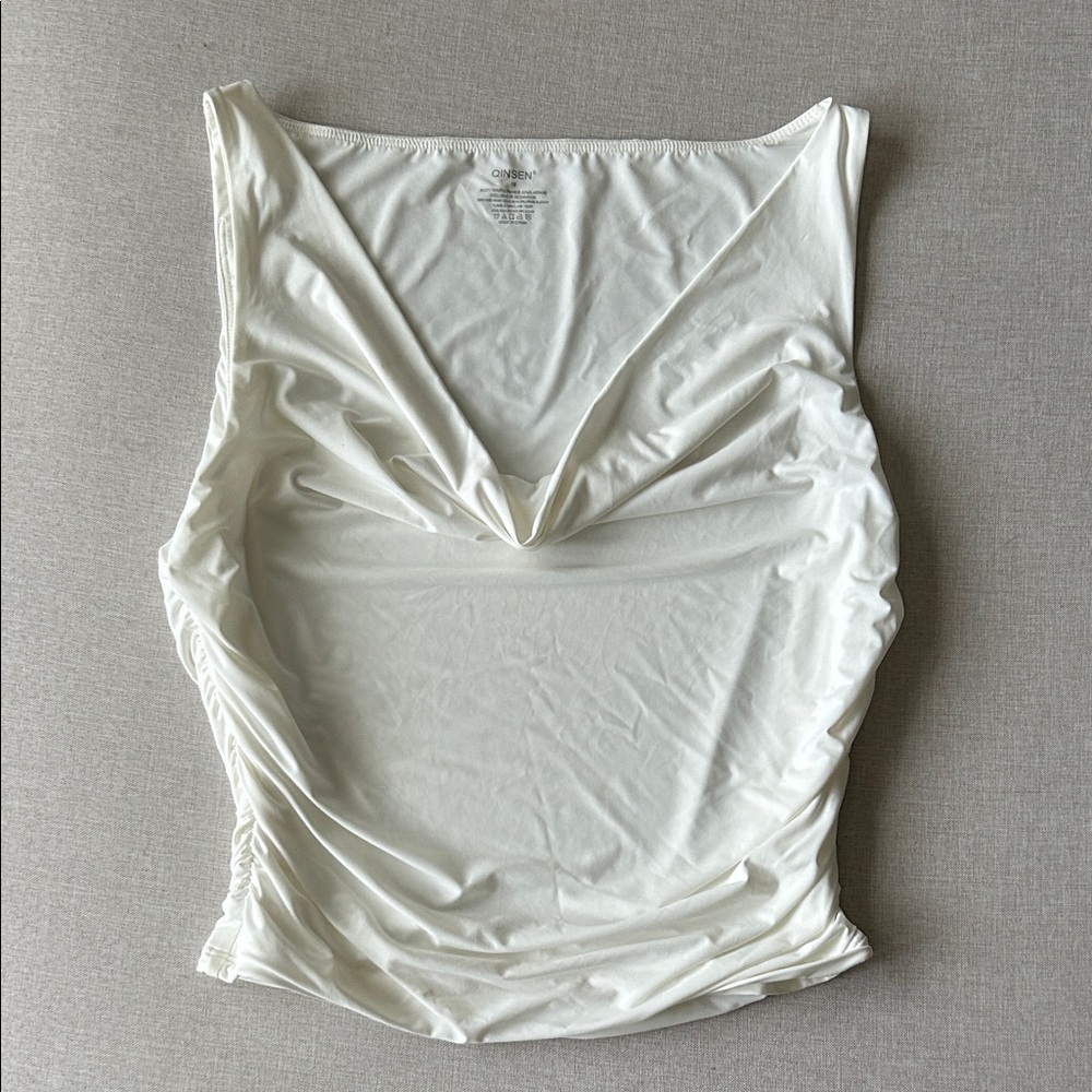 Qinsen Cowl Neck White Tank Top